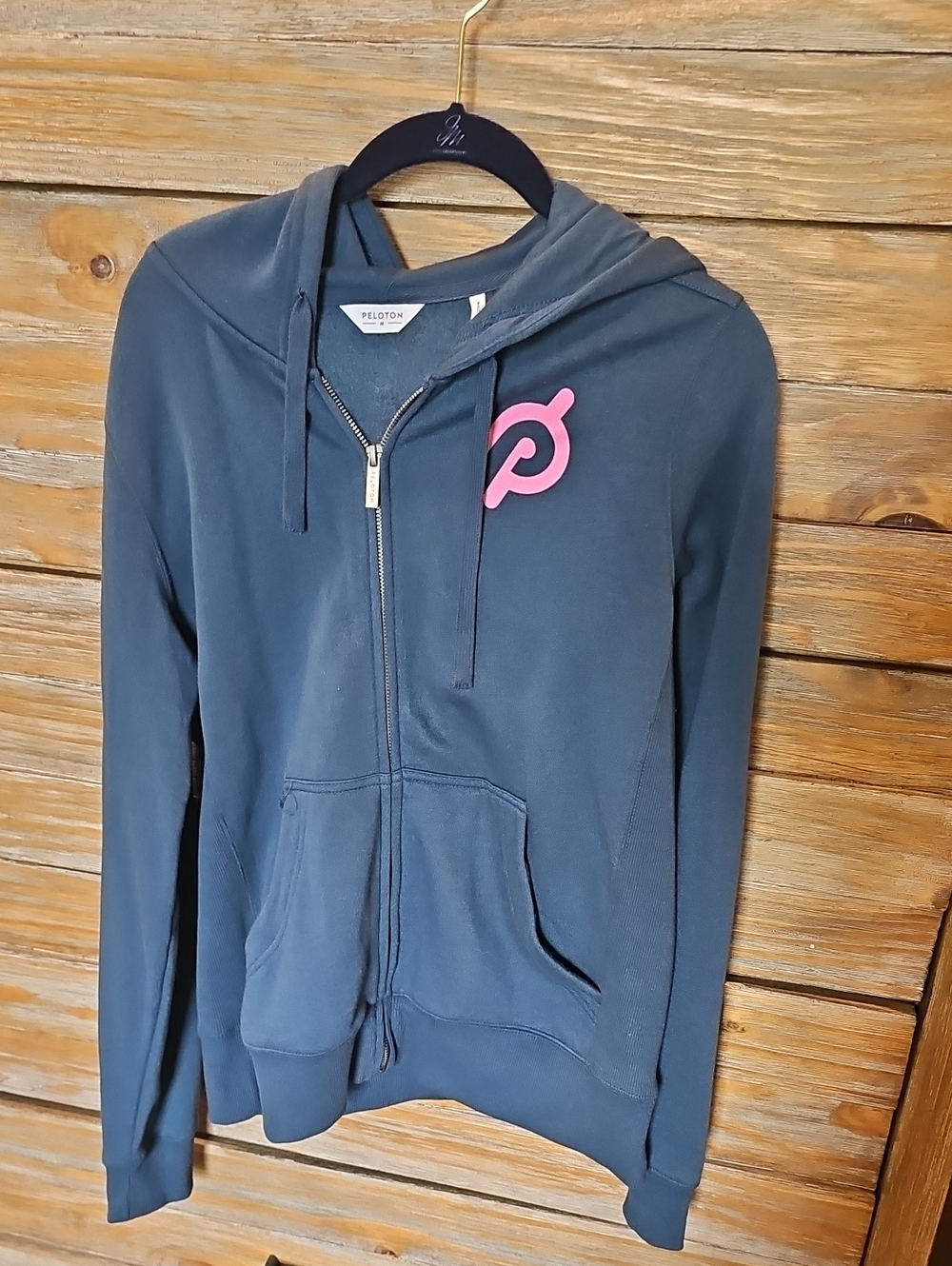 Peloton Navy Zip-Up Hoodie with Pink Emblem